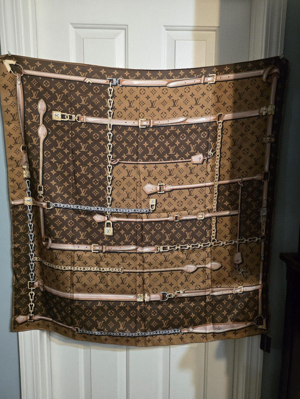 Brown & Tan Monogram Silk Scarf with Chain